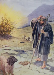 Strach wzrastał w sercu Mojżesza", ilustracja z "Przez Biblię", Venture Publishing, 1928